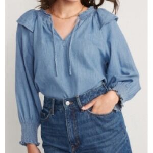 Old Navy Plus 4X Poet Blouse Puff Sleeve Non Stretch Jean Ruffle Trimmed Boho